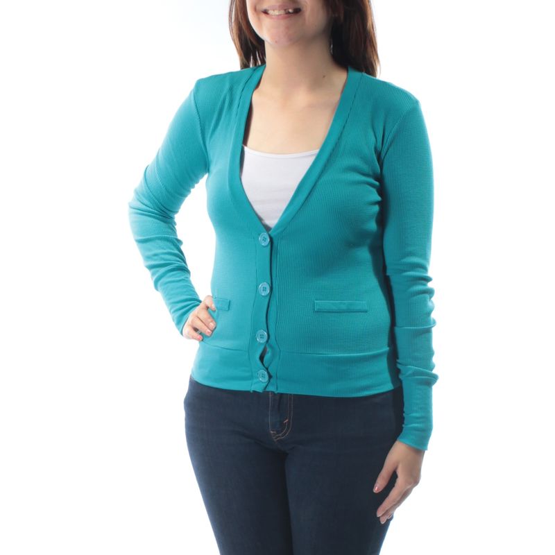 Color Story Womens Turquoise Low Cut Long Sleeve V Neck Top Size: S